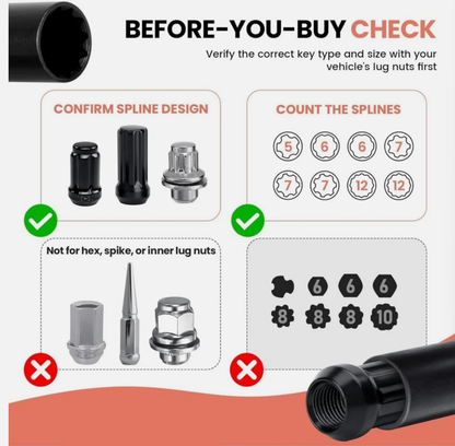 6 Spline & 7 Spline Lug Nut Socket Set, Drive Wheel Lock Key,Locking Nut Removal